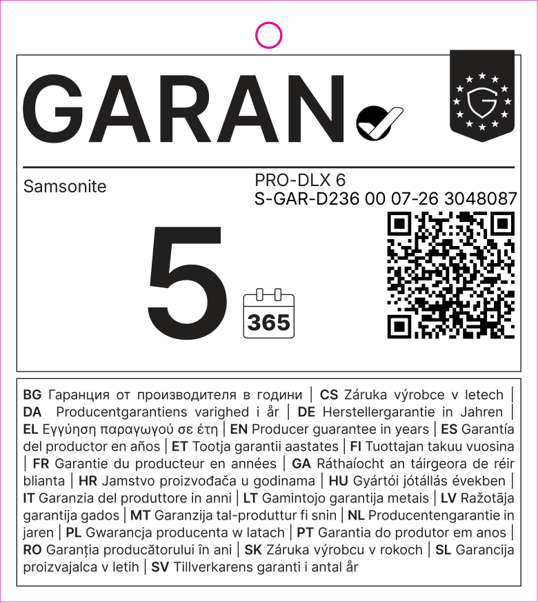 EU GARAN label: producer guarantee of durability in years: 5.0 – Samsonite