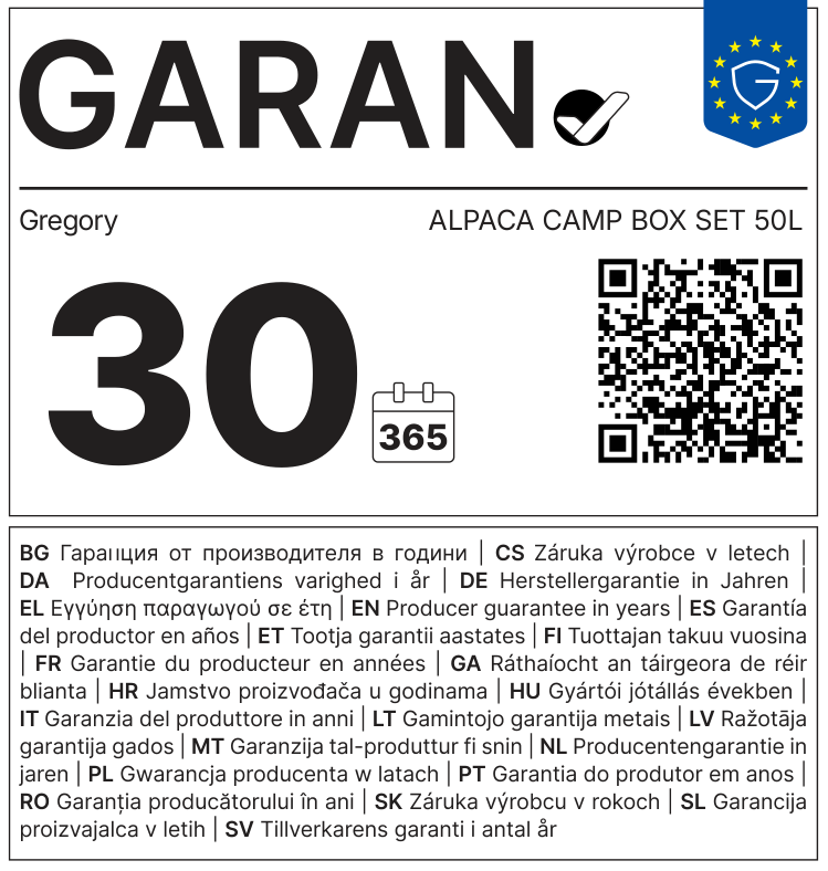 EU-GARAN-Label: Herstellergarantie in Jahren: 30 – Gregory