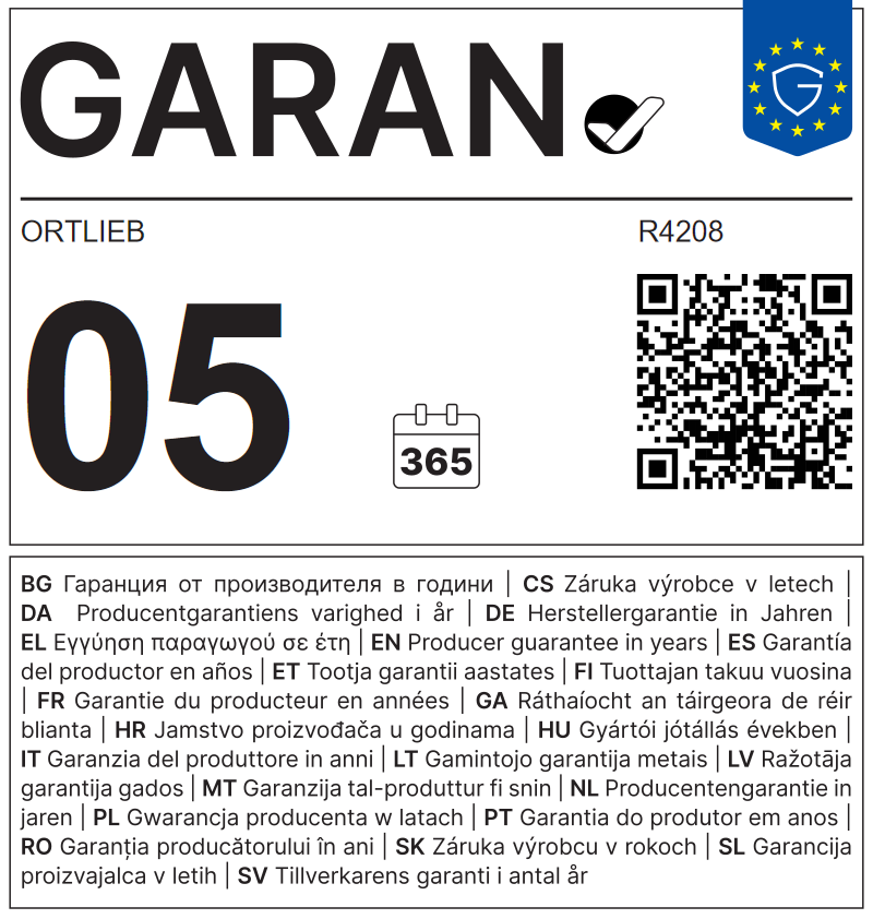 Etiqueta GARAN de la UE: garantía del productor en años: 5.0 – Ortlieb